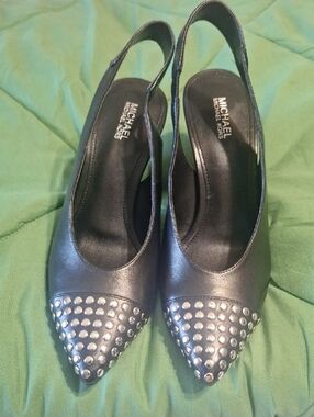 Michael Kors Black Leather Pointed Slingback Pumps with Silver Studs